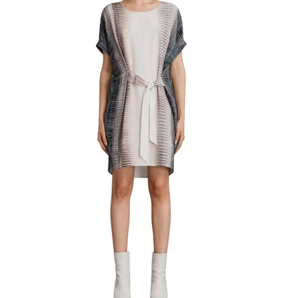 ALLSAINTS Sonny Dusk Silk Shift Dress size S Grey Blush Tie Dye Print Tie Waist